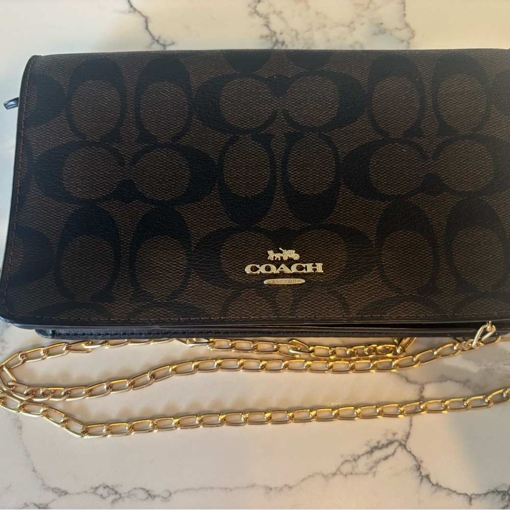 Coach Signature Brown Crossbody Bag with Gold Chain